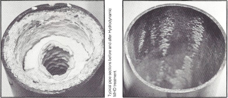Pipe interior with scale compared to a clean pipe